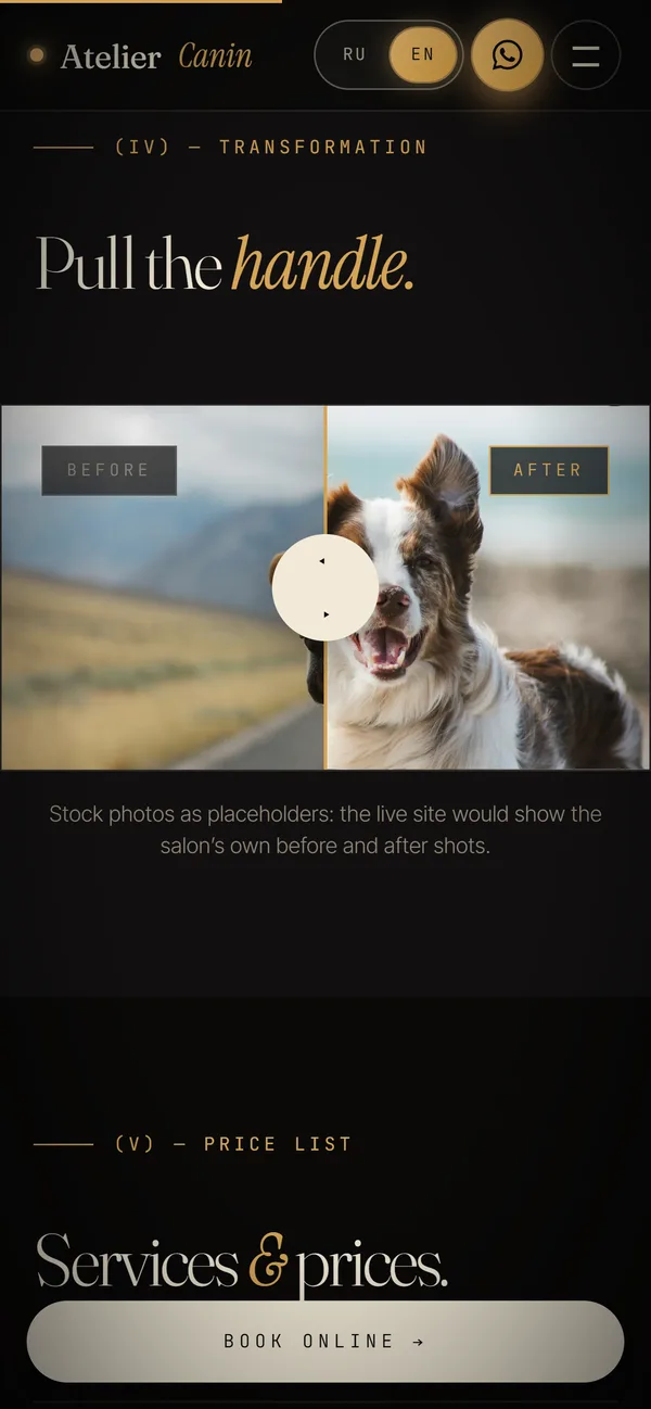 Atelier Canin: Before and after you drag, mobile