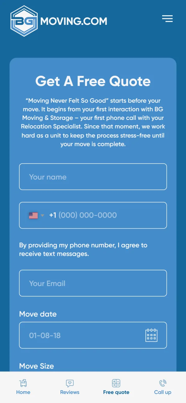 BG Moving: Quote flow, mobile