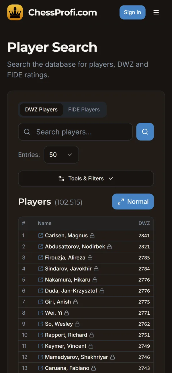 ChessProfi: Player data, mobile