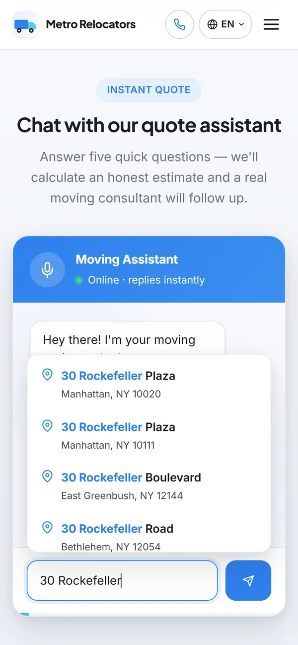 Metro Relocators: mobile screen 2